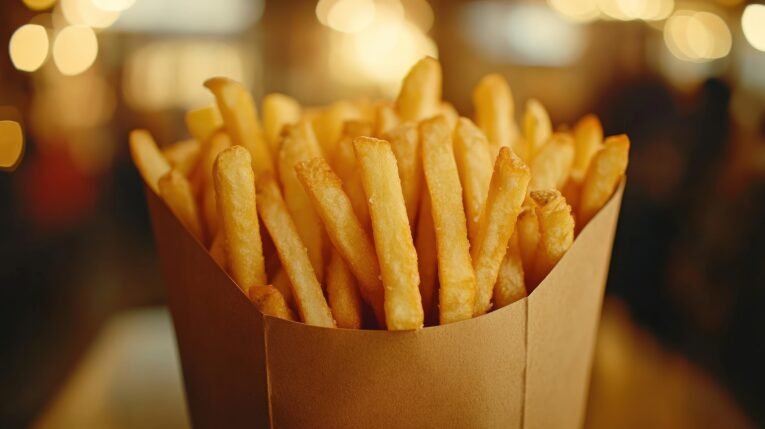Close-up of a serving of golden brown french fries in a cardboard container. Delicious and crispy, perfect for snacking!