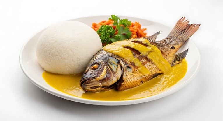 A close-up shot of a perfectly grilled whole fish, served with a side of fufu and a colorful vegetable garnish, all presented on a pristine white plate, highlighting a traditional and appetizing meal.